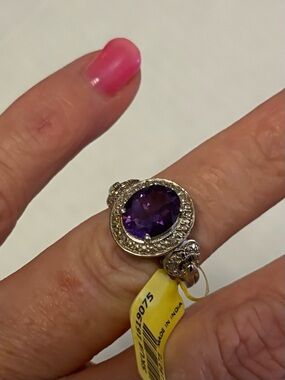 925 Sterling Silver Filigree Ring with round amethyst and cz size 6 NWT